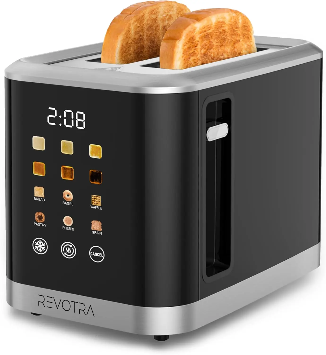 

2 Slice Toaster Stainless Steel LED Display Extra Wide Slots 6 Shade Settings Defrost Reheat Cancel Removable Crumb Tray