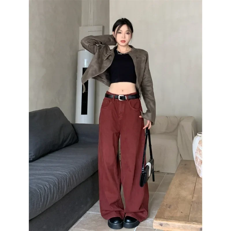 Tall Size 175 Extended Brick Red Wide-leg Jeans Women's Autumn New Loose-fit High-waisted Casual Pants