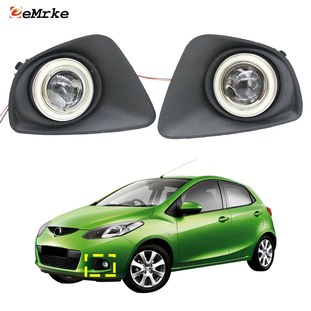 eeMrke Fog Lights Lamp Assembly PTF For Mazda 2 Demio DE 2008 2009 2010 LED Angel Eyes DRL Daytime Running Light Halogen Bulbs