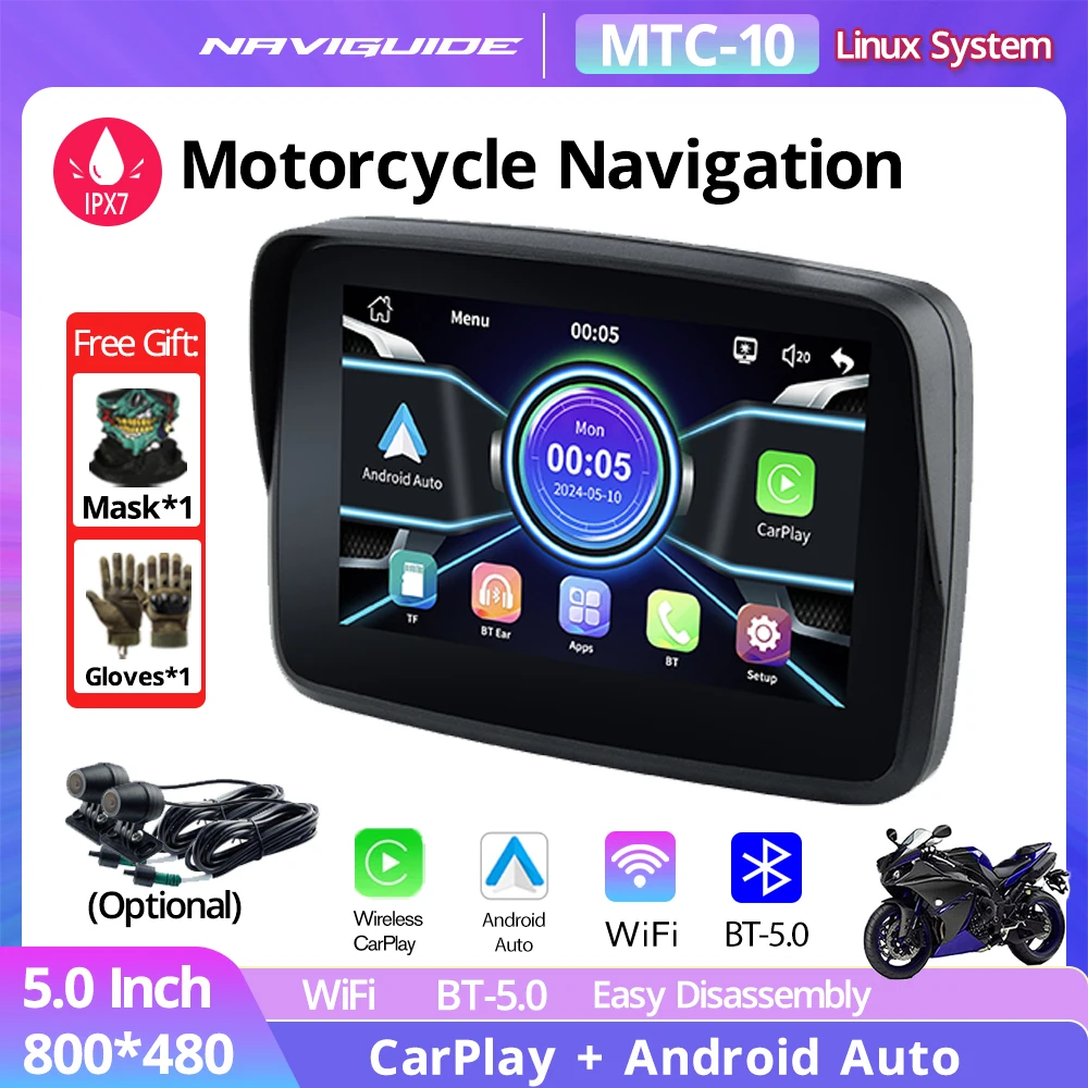 

NAVIGUIDE MTC-10 5inch 800*480 IPX7 Waterproof Motorcycle Navigation Wireless Carplay Android Auto Front Rear Cameras Optional