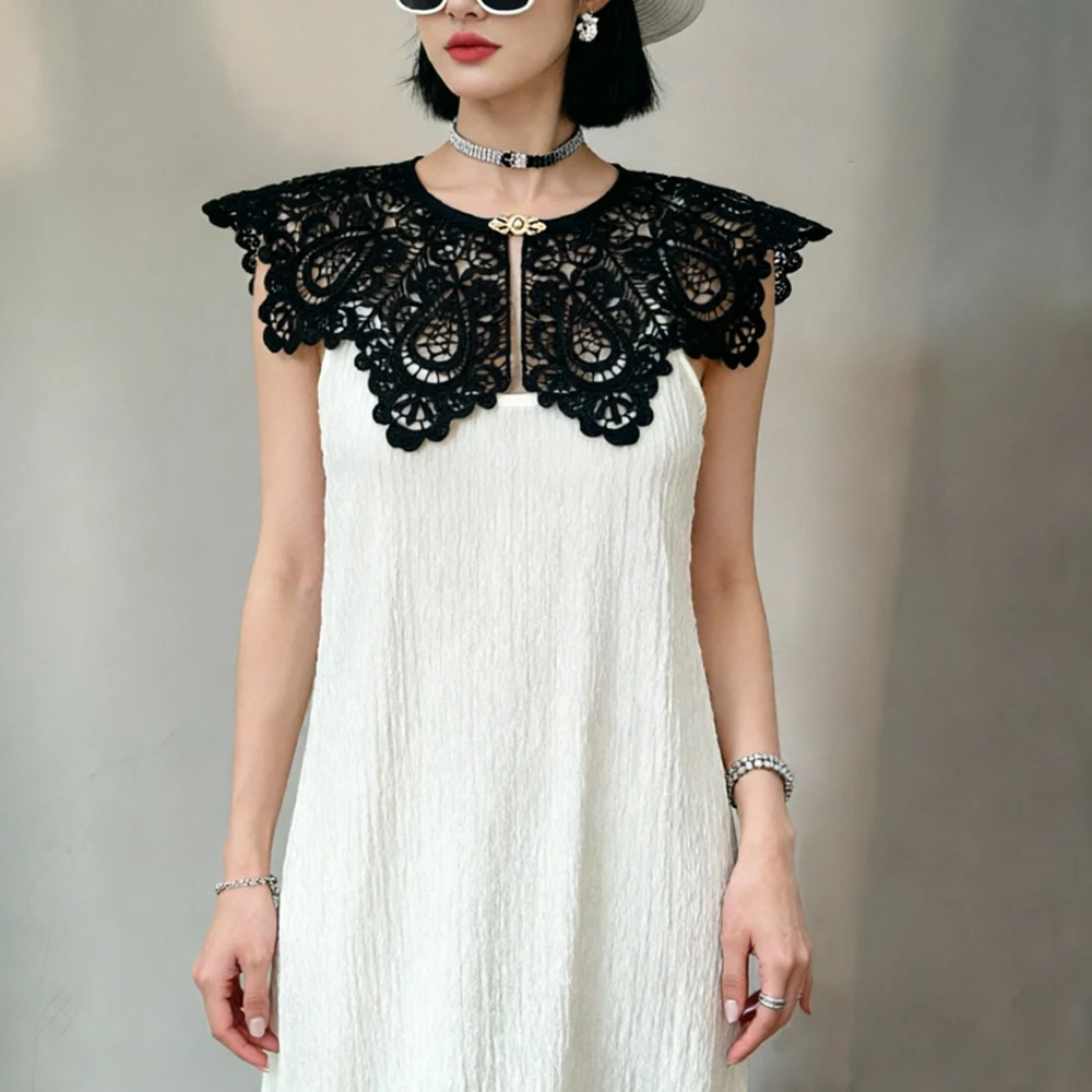 

Detachable Fake Collar Pleated Dress For Women Camisole Sleeveless Mid-Calf Midi Dresses Office Lady Evening Dresses Clothes