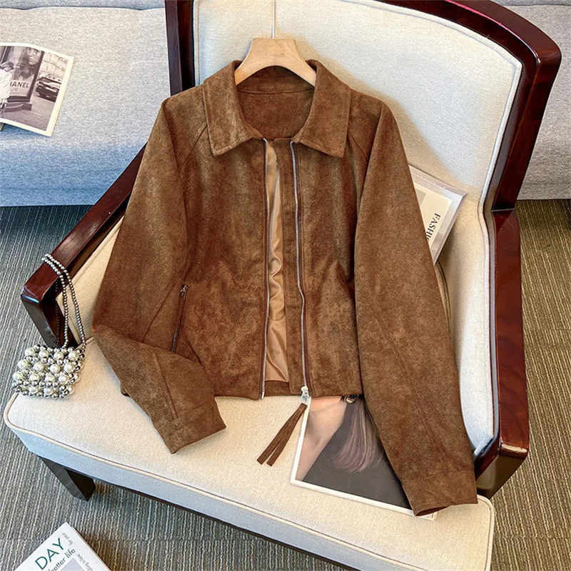 Streetwear Fashion Vintage Brown Short Faux Suede Jacket Spring Autumn Women Casual Korean Lapel Long Sleeve Female Biker Jacket