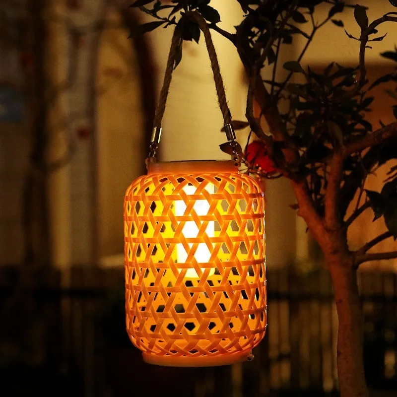 LED Solar Powered Bamboo Weaving Lantern Outdoor Courtyard Balcony Garden Decorative Atmosphere Lighting Fixtures