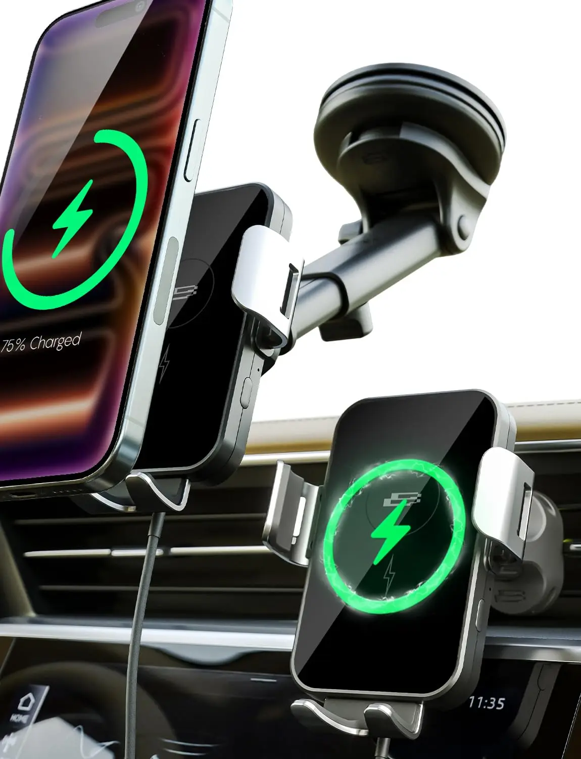 

15W Qi Fast Wireless Car Charger Mount For Dashboard Windshield Air Vent With Auto Clamping USB-C Cable