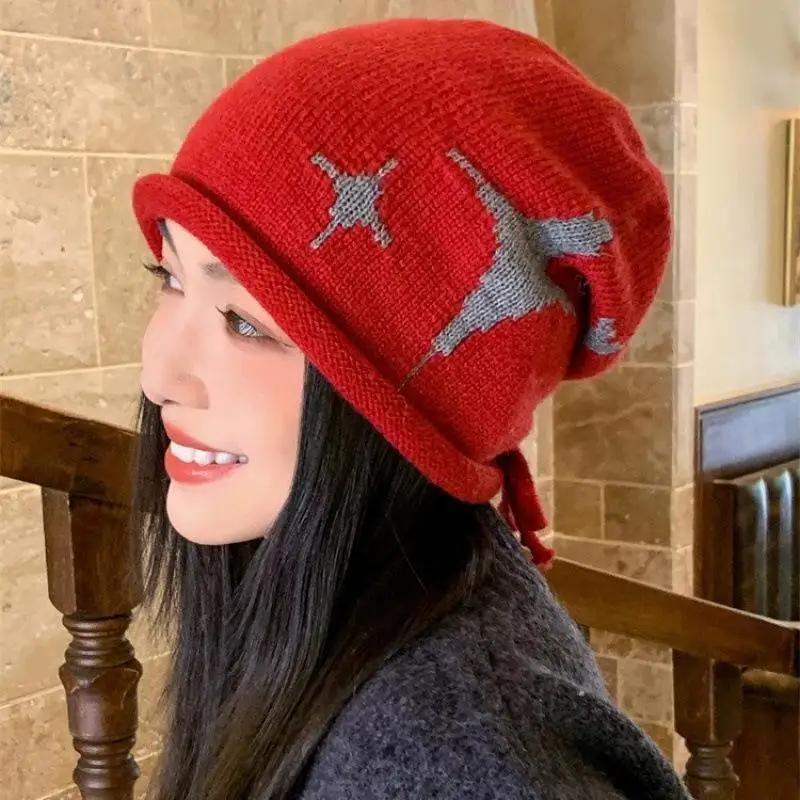 Star Pattern Curling Drawstring Beanies For Women Autumn And Winter Warm Ear Protection Versatile Retro Knitted Pullover Hats