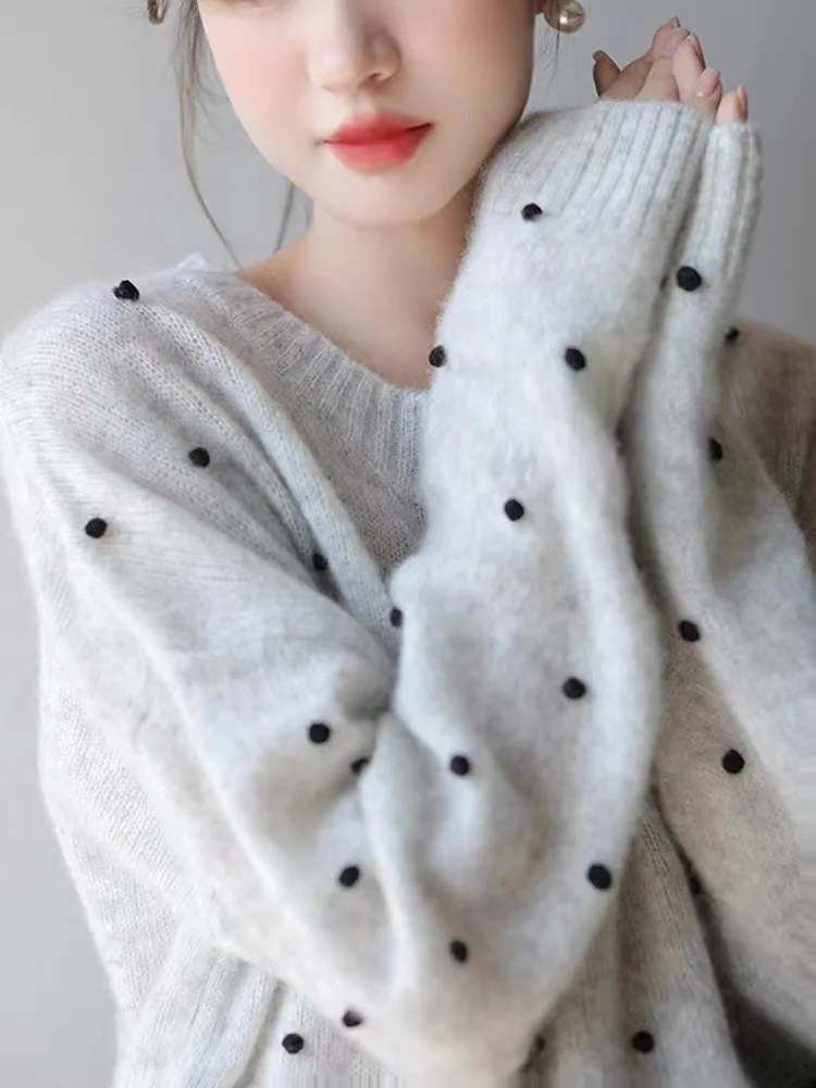 European station 2022 new goods puffed sleeve wool sweater women polka dot round neck Cashmere pullover long sleeve top trend