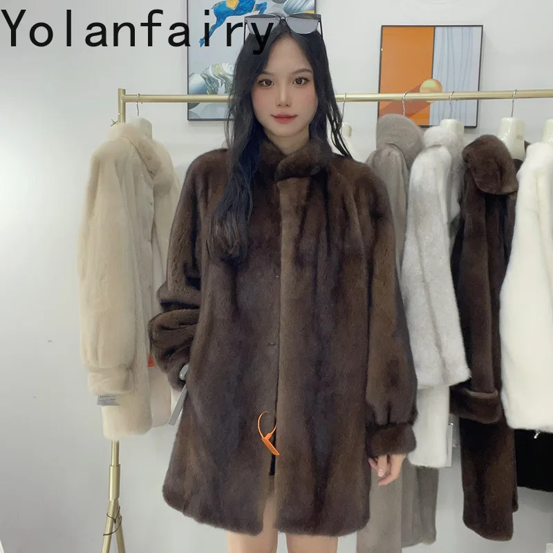 YOLANFAIRY الفاخرة الشتاء معطف الفرو الطبيعي امرأة كاملة فرو المنك سترة المرأة منتصف طول أنيقة الدافئة فرو المنك معاطف الوقوف طوق