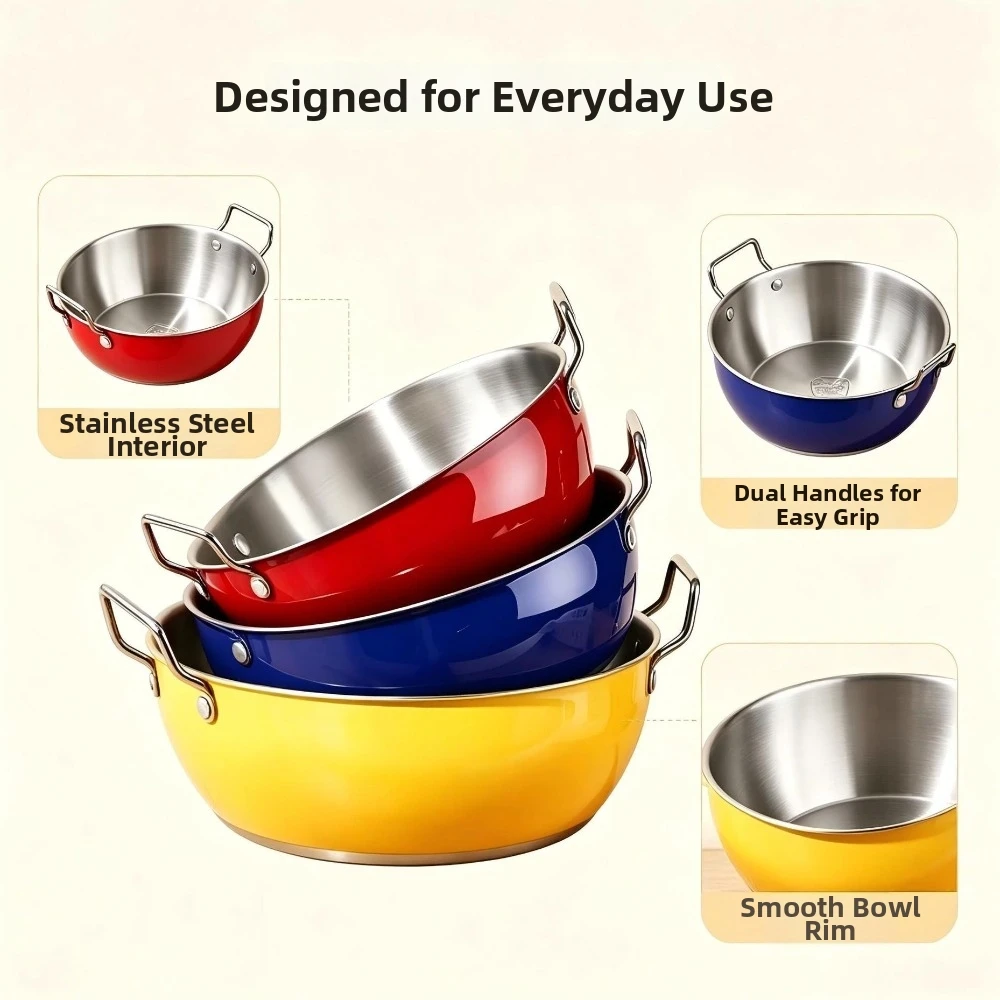 Stainless Steel Dual Handle Bowls Food Grade Large Capacity Kitchen Cooking Bowls Anti-slip Rust Proof Instant Noodle Bowl
