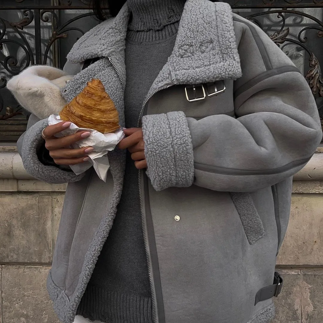 

Куртка из искусственной кожи из овечьей шерсти, женская лоскутная толстая теплая куртка с карманами, женское зимнее пальто с отложным воротником на молнии