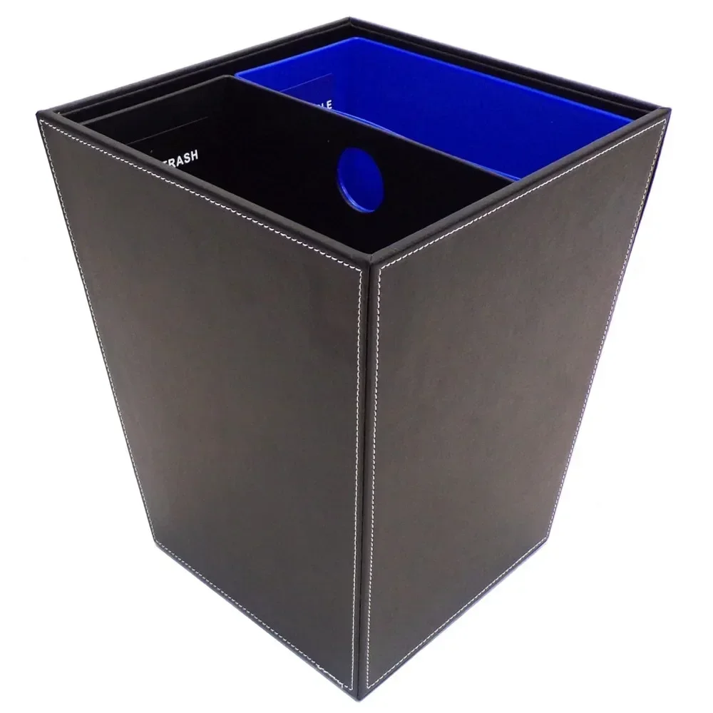 

Black Leatherette Recycle Waste Bin with Dual Liners for Home or Office. 14.5 quart capacity.