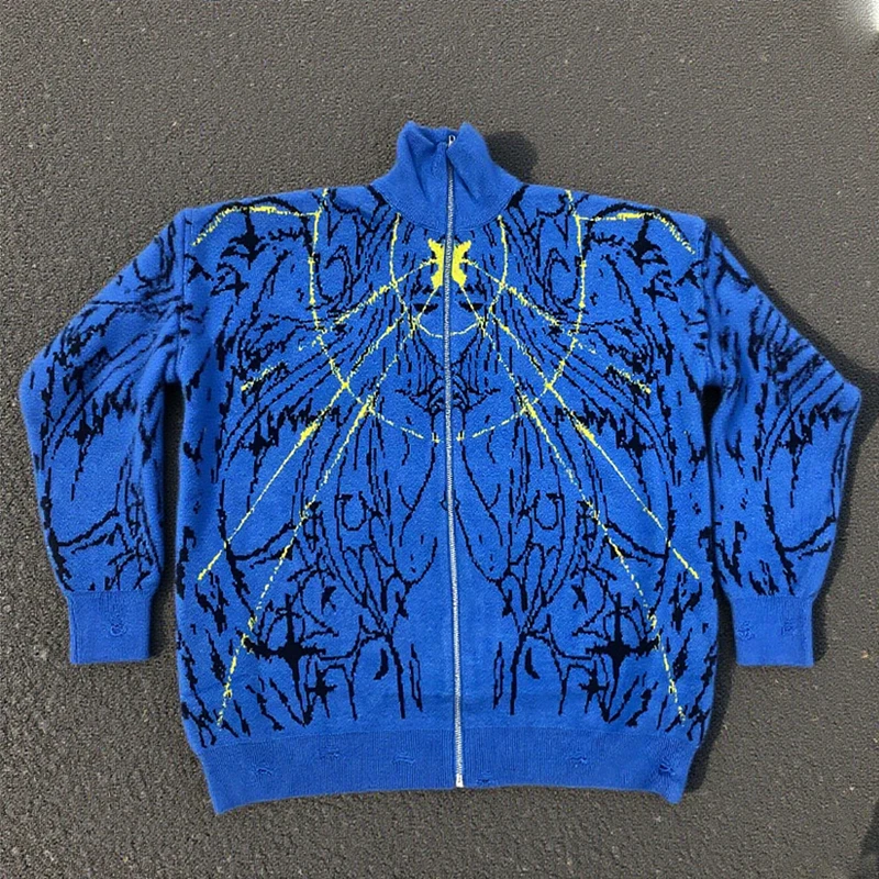 

Autumn and Winter New y2k High Street Trendy Zipper Stand up Collar Knitted Cardigan Personalized Graffiti Blue Sweater