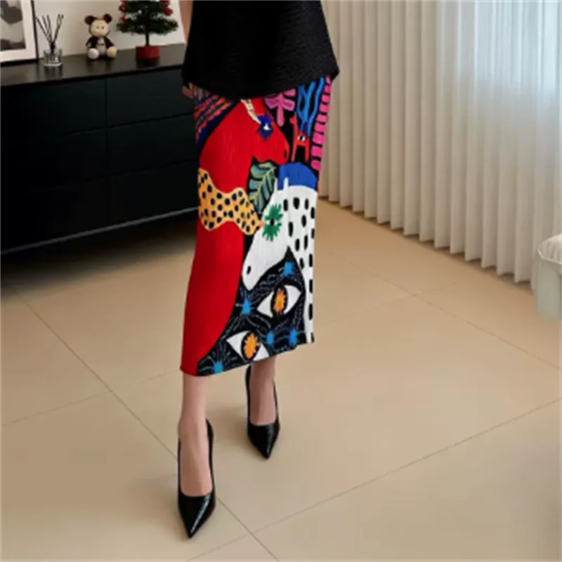

Miyake Style Pleated Women's Casual Abstract Art Print Skirt Geometric Animal Graffiti Skirt