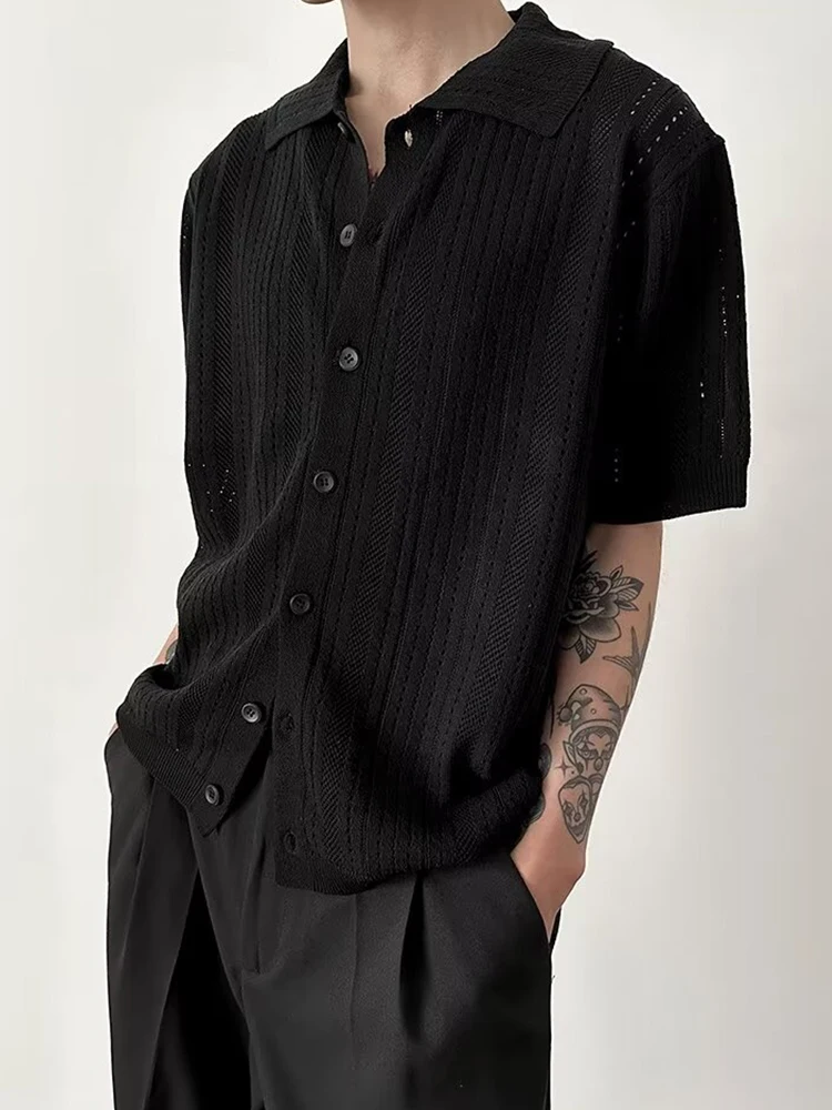 

Trendy Knitting Hollow Out Shirts Men Vintage Lapel Buttoned Shorts Sleeve Shirt Summer Mens Fashion Solid Color Knit Cardigans