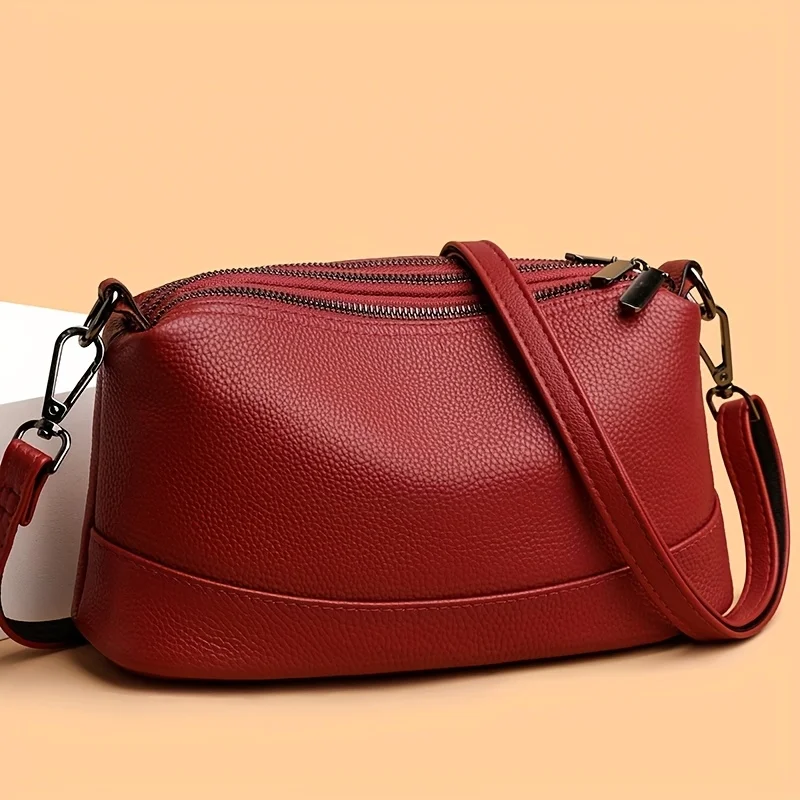 Tas Bahu Kulit Asli untuk Wanita, Dompet Selempang Kapasitas Besar dengan Tas Messenger Warna Solid Ritsleting Multi-Lapisan