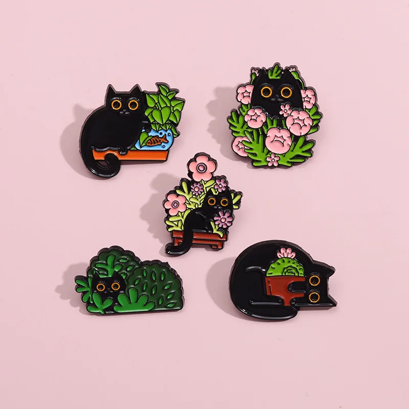 

Cute Black Cats Enamel Pins Plant Flower Brooch Cartoon Animal Badges Denim Lapel Pin Jewelry Gift for Kids Best Friends