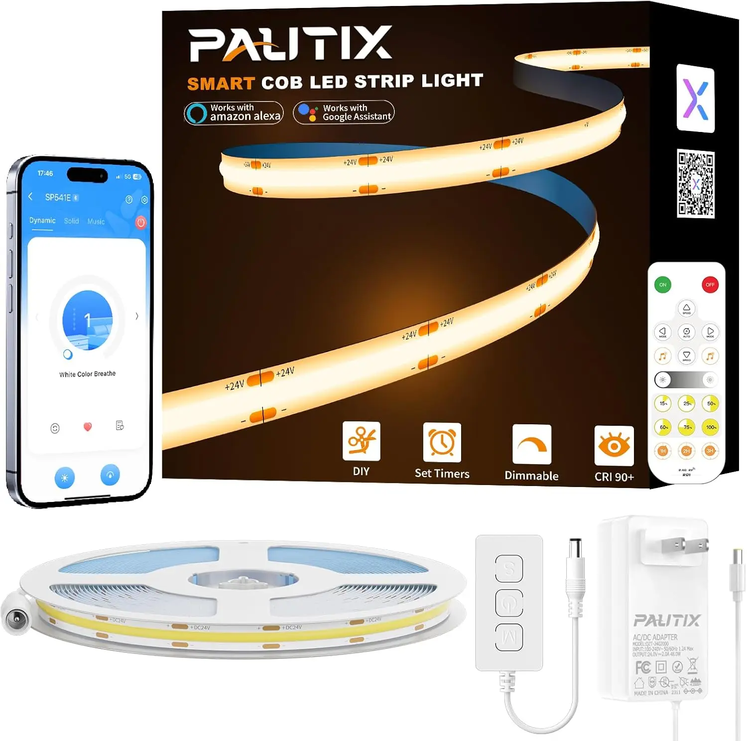 

10m Warm White 2700K Dimmable COB LED Strip Light, Alexa/Google Assistant Compatible for Kitchen Bedroom Cabinet