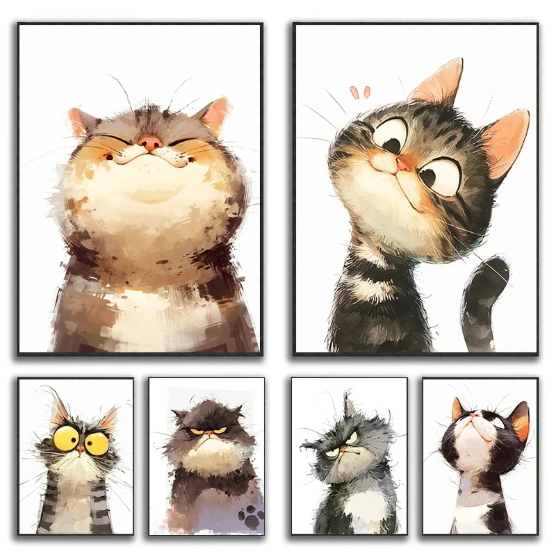 Cartoon Funny Cats Exaggerated Expression Posters Prints Canvas Printing Modern Wall Art Picture for Kids Room Home Decor Gifts