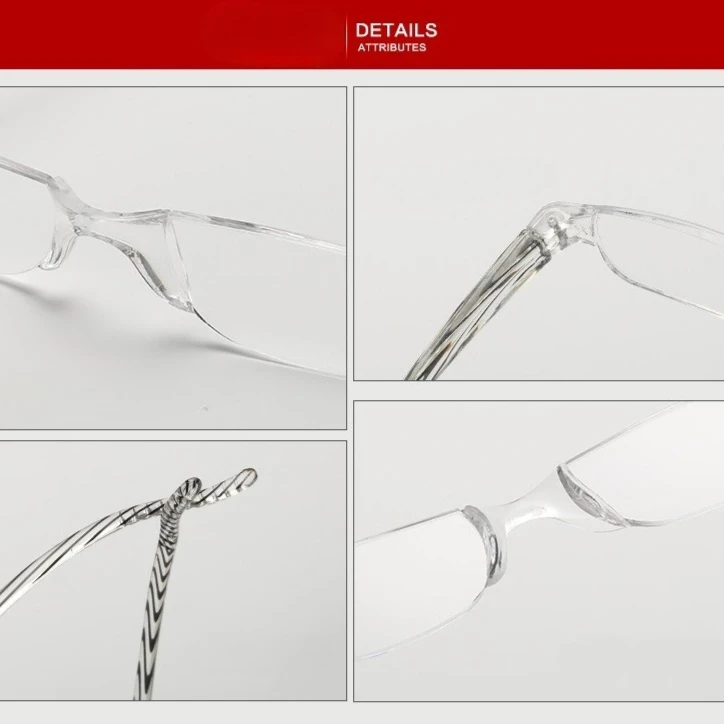 +1,0 ~ +4,0 Tragbare Weitsichtbrille Unisex Ultraleichte Lesebrille Rahmenlose Lesebrille aus Kunstharz mit halbem Rahmen – Detail 20