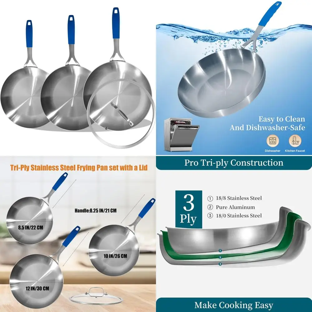 

Stainless Steel Tri-Ply Frying Pan Set 8.5-10-12 Inches with Lid, Skillets, Induction Compatible, Dishwasher Safe Cooking Pans S