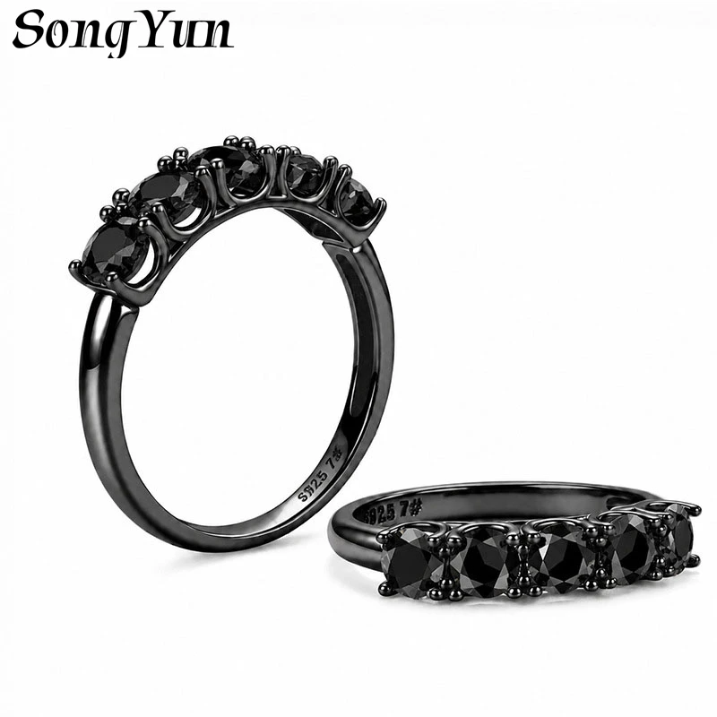 SONGYUN Moissanite Diamond Jewelry Women's S925 Sterling Silver Ring with Five Tapered Prongs Full Black Moissanite Stones