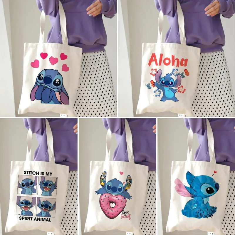 MINISO Disney Stitch Printing Tote Handbag Girls Fashion Aesthetic Shoulder Bag Eco Large Capacity Travel Designer Shopping Bags