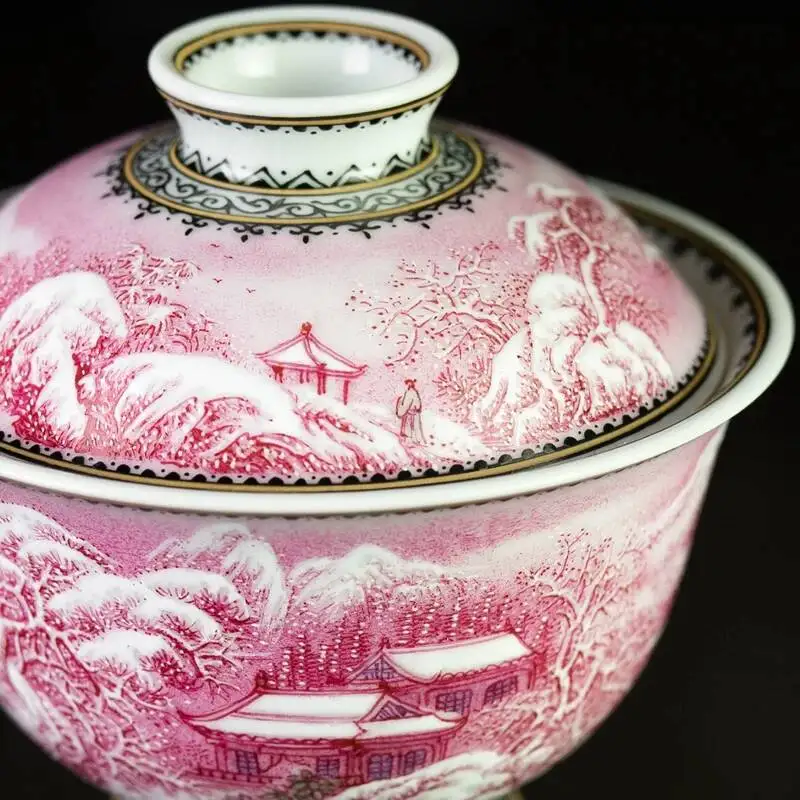 Sacred Mountain Jingdezhen Ruby Red Black Jade Snow Scene (Lidded Bowl)'Visiting Friends In The Stream Mountains' Ceramic Set