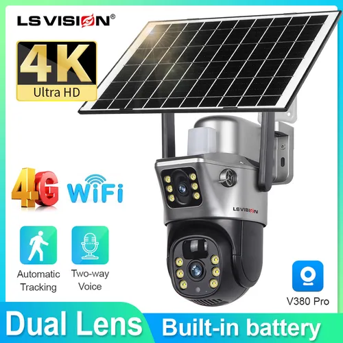 Ls vision-デュアルスクリーンソーラーカメラ,4g SIMカード,8mp,4g,wifi,ptz,デュアルレンズ,内蔵バッテリー,自動追跡,セキュリティカメラ