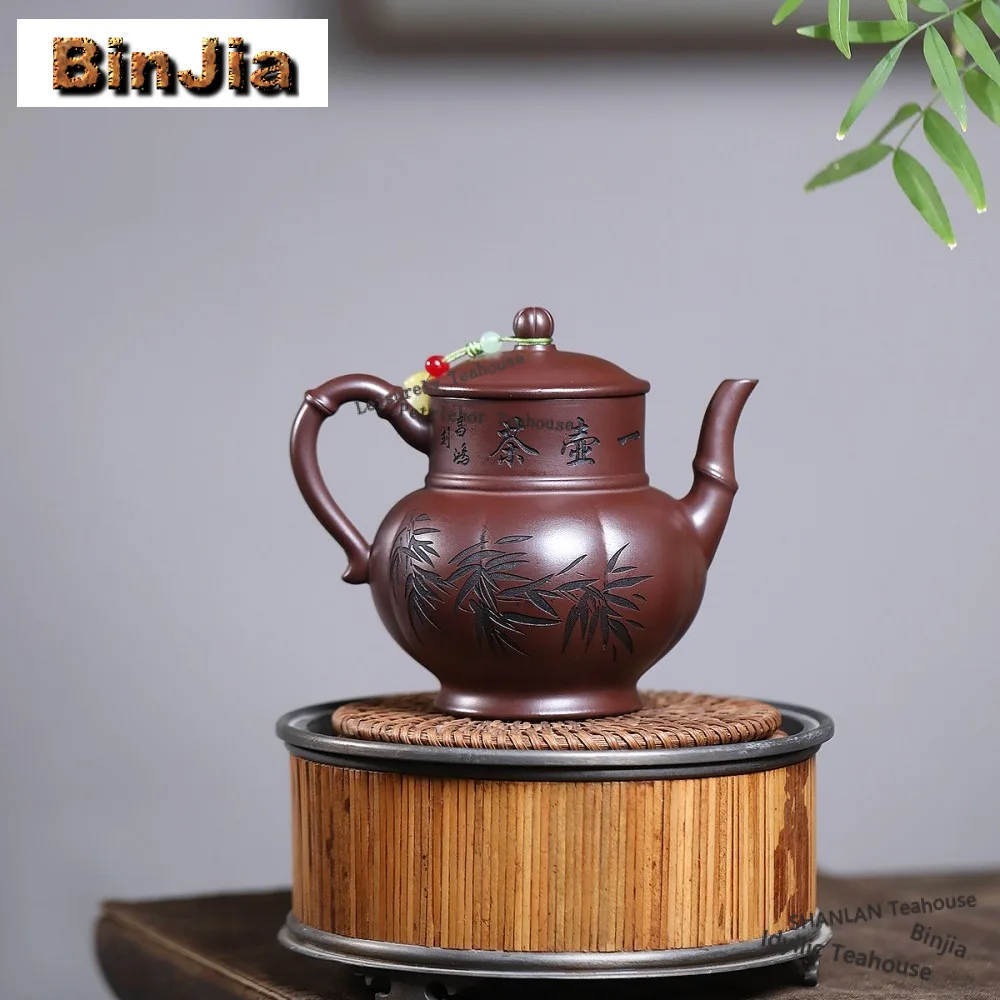 330ml Vintage Yixing Purple Clay Teapots Handmade Bamboo Pot Raw Ore Stone Red Mud Kettle Chinese Zisha Tea Set Collection Gifts