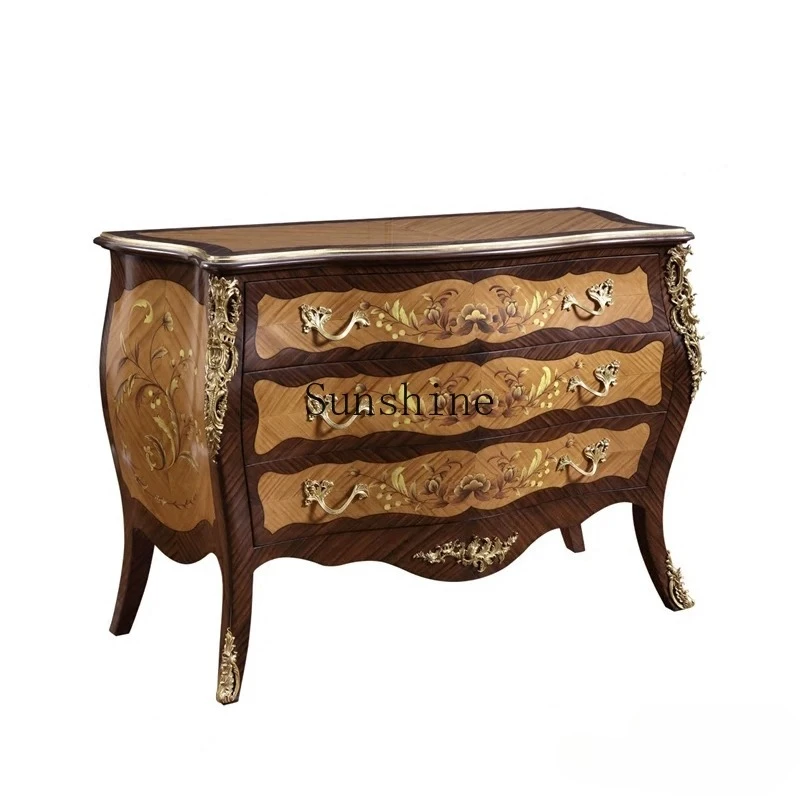 

American solid wood storage retro brown-gold sticker veneer 1.35m copper engraved entrance cabinet