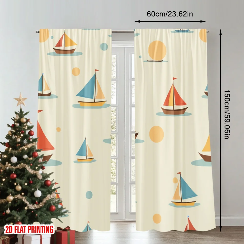 2pcs 2D flat printing Window Treatment Curtains Sailboats Sunny Day Nautical Digital Printed Polyester Drapes Family Party
