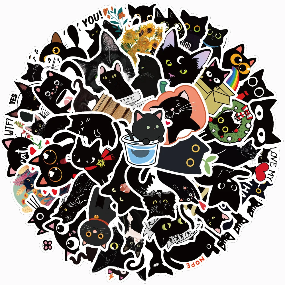 10/50/100pcs Kawaii Anime Black Cat Graffiti Stickers for Kids DIY Laptop Bicycle Car Skateboard Waterproof Cute Cartoon Decals