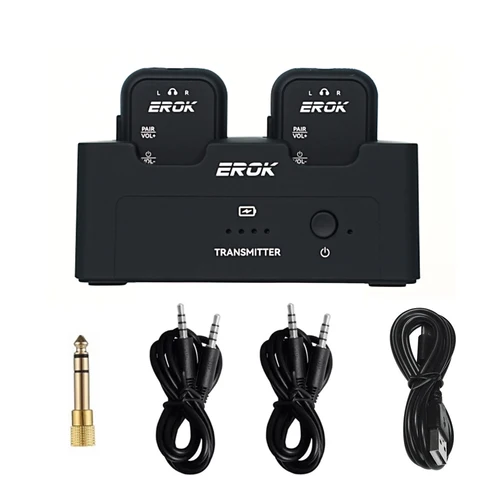 EROK WP-12 2,4G sistema de Monitor de auriculares inalámbricos, transmisor recargable 2 receptores con botón de volumen, función de silencio