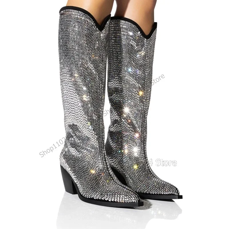 متعدد الألوان حجر الراين ديكور أشار تو الأحذية الانزلاق على أحذية النساء حذاء بكعب عالٍ مكتنز موضة مأدبة 2023 Zapatos Para Mujere