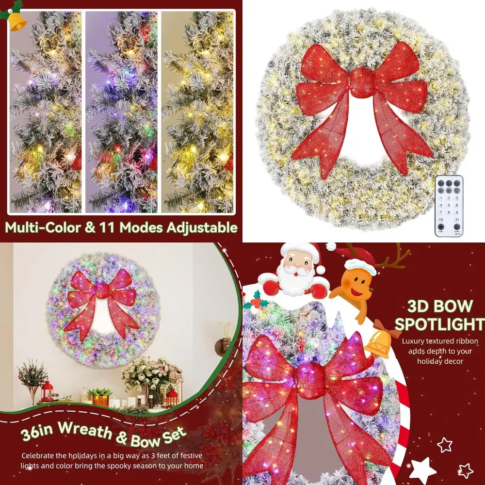 

LED-lit Flocked Christmas Wreath, 140 Lights, 11 Modes, Remote Control, 36in Outdoor/Indoor Decor