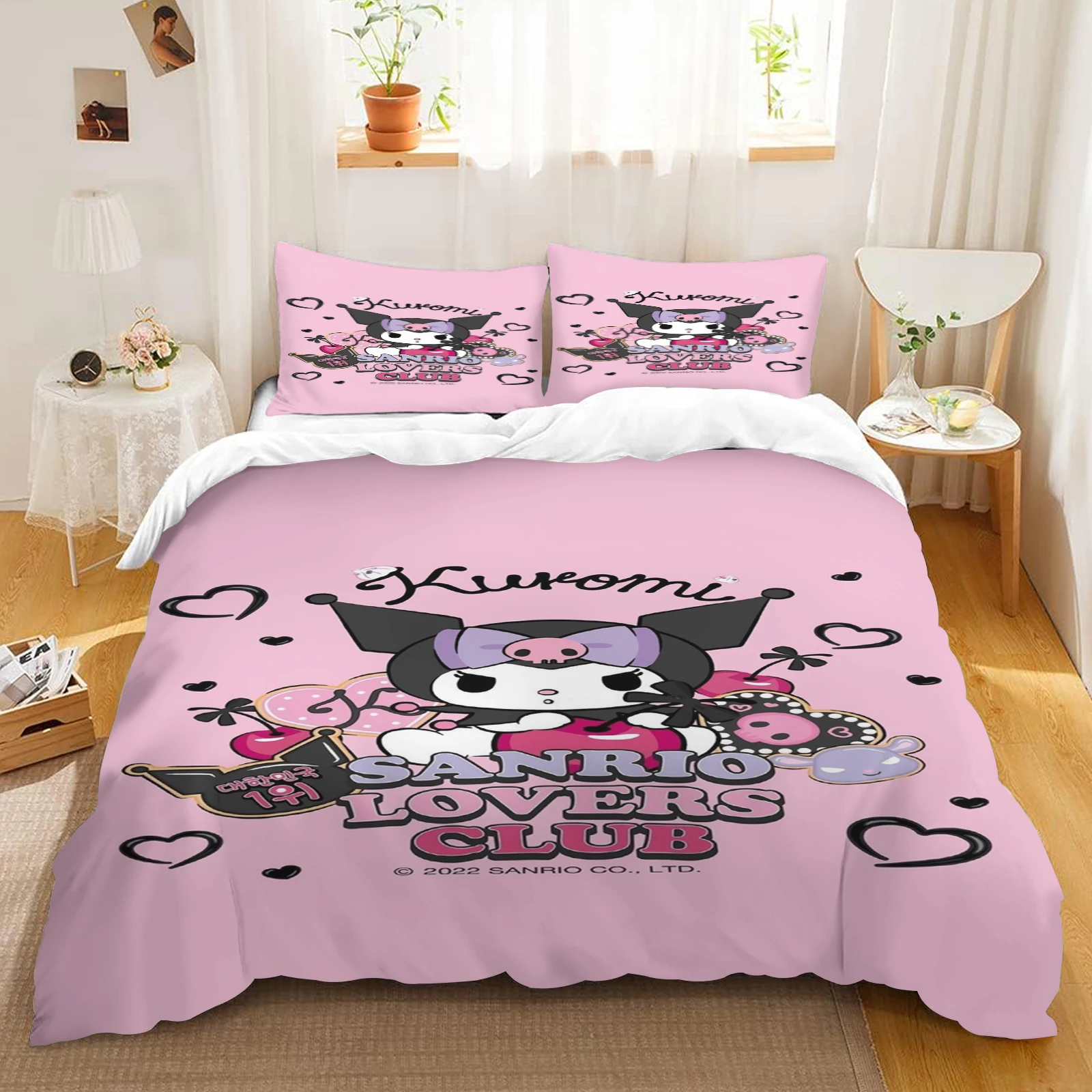 

Sanrio Kuromi Cartoon HD Print Duvet Cover Three Piece Set Bedroom Decoration Comfortable Cute Children's Gift King Quilt Cover