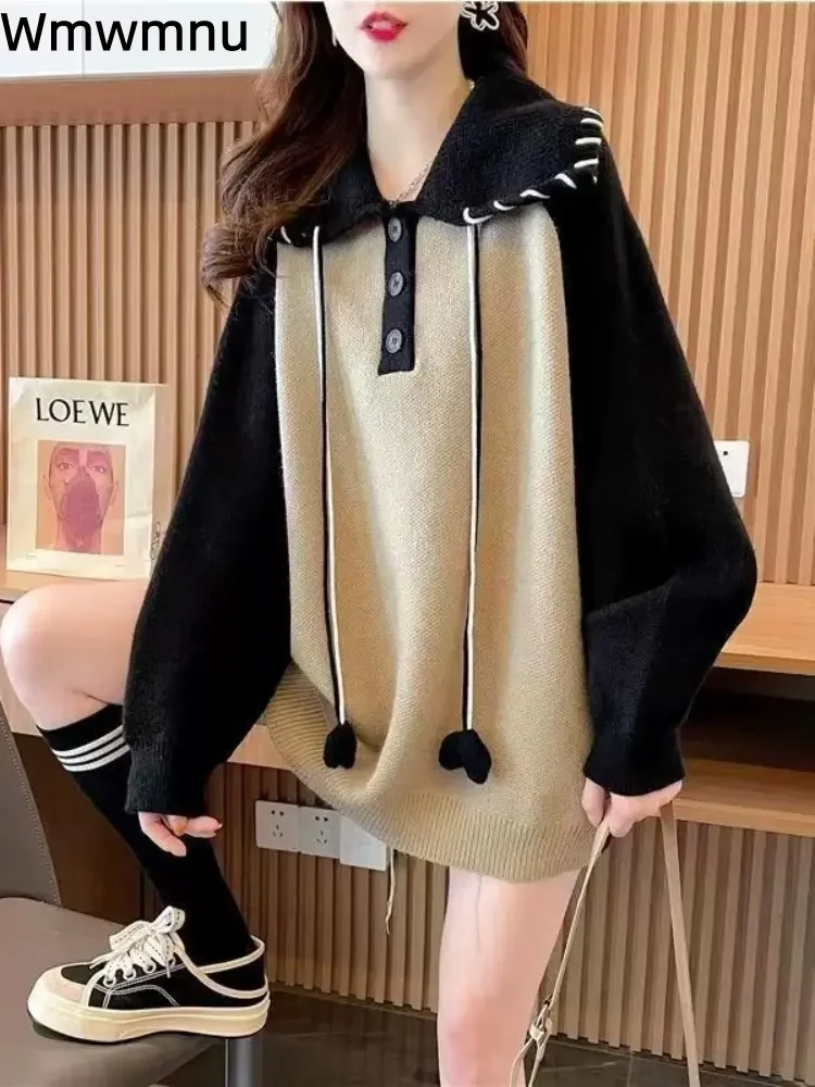 

Лоскутный вязаный свитер с воротником Питера Пэна, женский повседневный мешковатый трикотаж, пуловеры, модные свободные мягкие с длинными рукавами Sueter