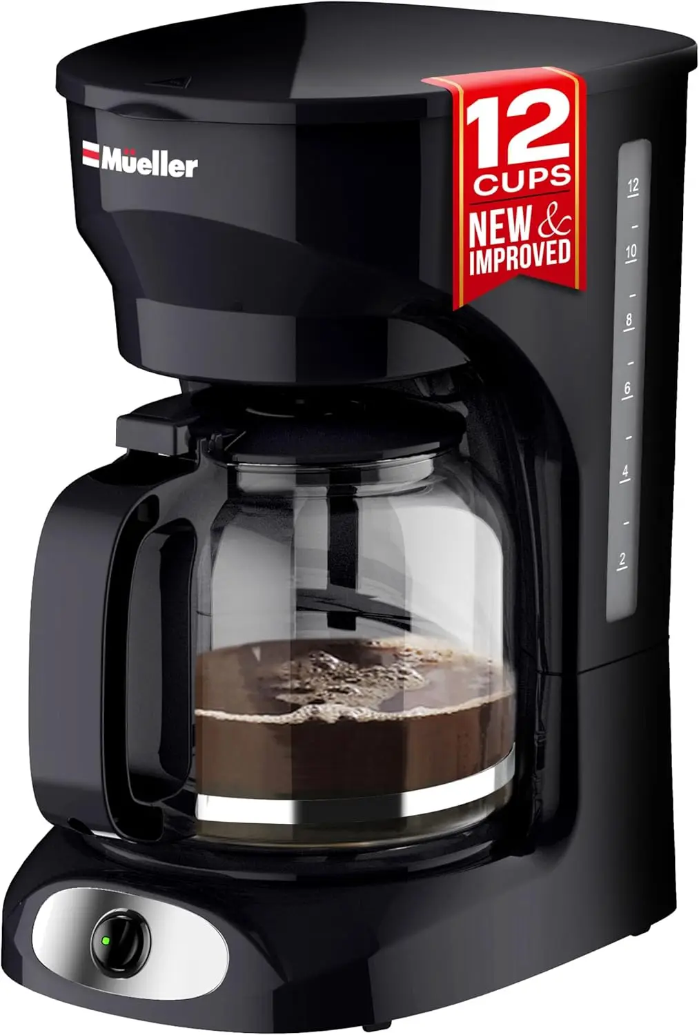 

Mueller 12-Cup Drip Coffee Maker - Borosilicate Carafe, Auto-Off, Reusable Filter, Anti-Drip, Keep-Warm Function, Clear Water