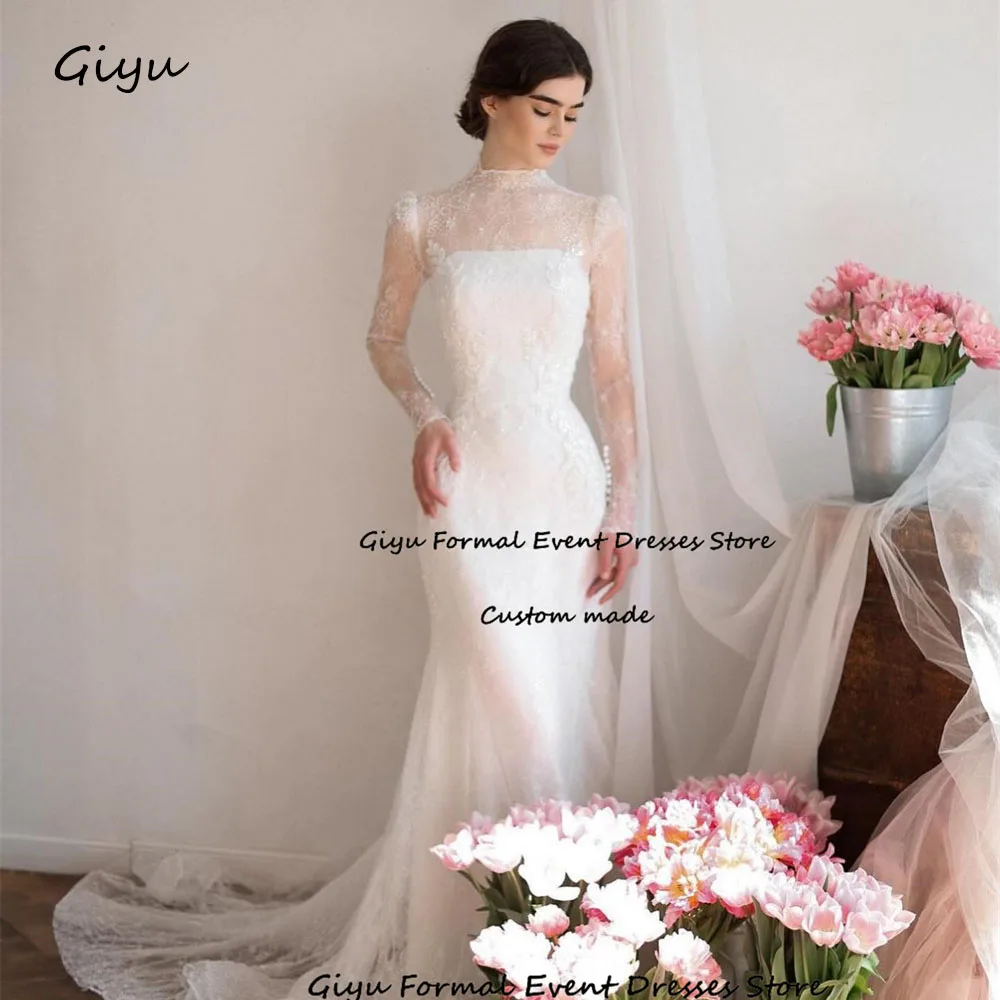 Giyu Elegant Lace Followers Wedding Dresses For Woman Mermaid Trumpet High Neck Bridal Gown Floor-Length Vestidos Novias Boda