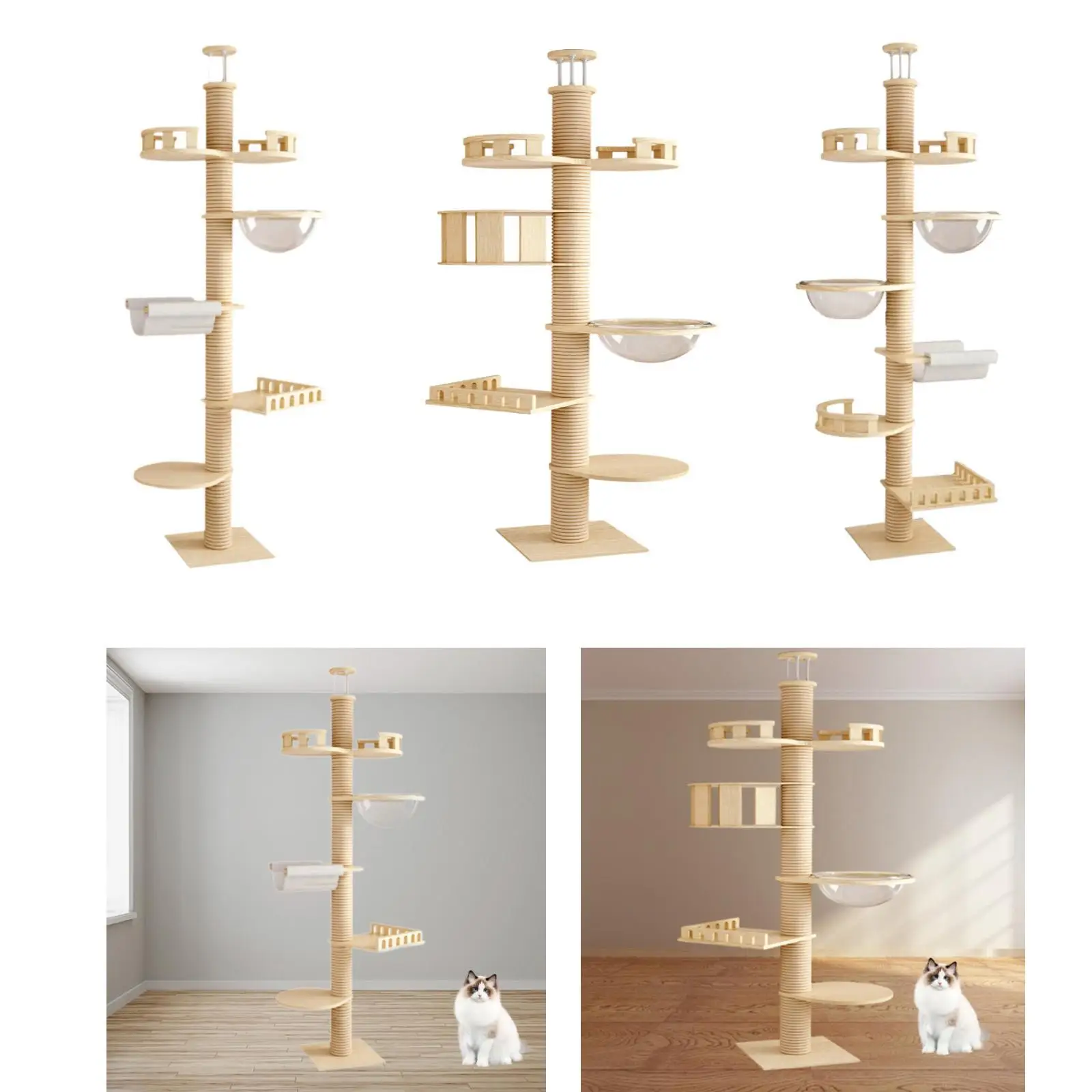Tall Cat Tree to Ceiling with Sisal Rope Large Platform Furniture Protector DIY Wooden Tower Condos for Indoor Cats Kitten