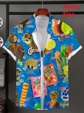 빈티지 여름 아이스크림 남성 휴가 옷깃 Camisa 대형 하와이 셔츠 3d 인쇄 패션 남성 여성 반팔 블라우스 탑