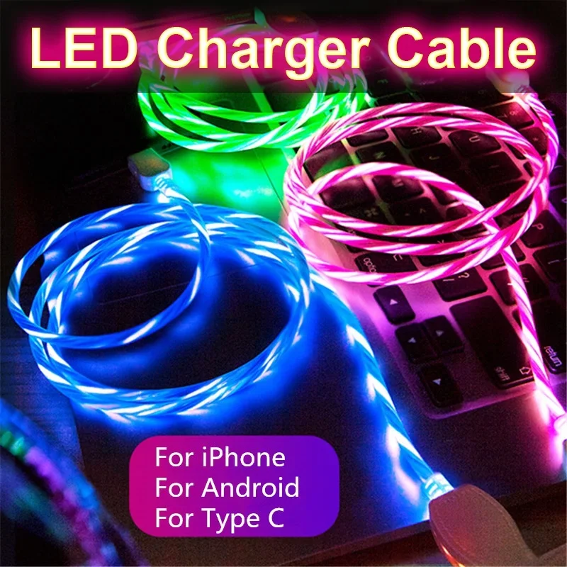 Luminous LED Type C USB Cable For Samsung Xiaomi OPPO Huawei IPhone Fast Charger Data Cord Flowing Light LED Cable