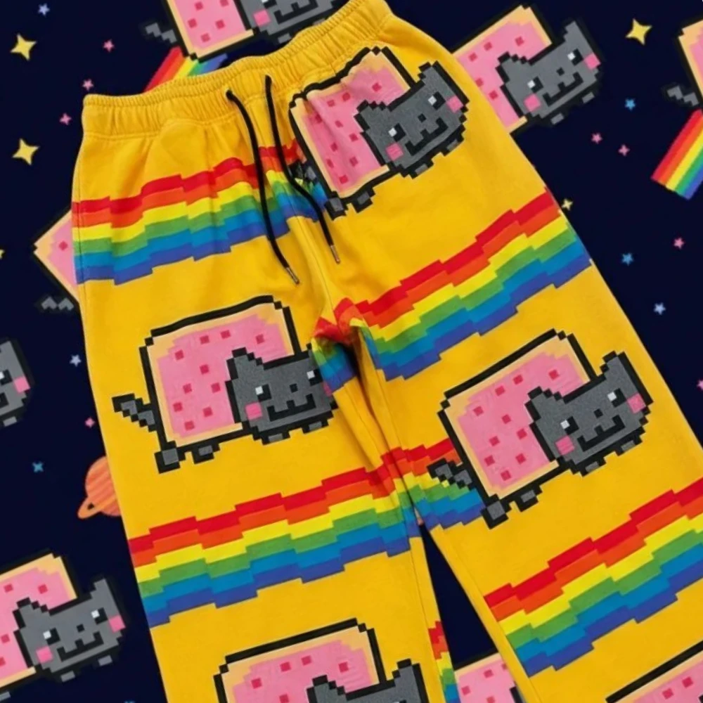 Y2k Yellow Nyan Cat Sweatpants Hip Hop Baggy Elastic Waist Men Pants Harajuku Streetwear Hip Hop Joggings Casual Men Clothing