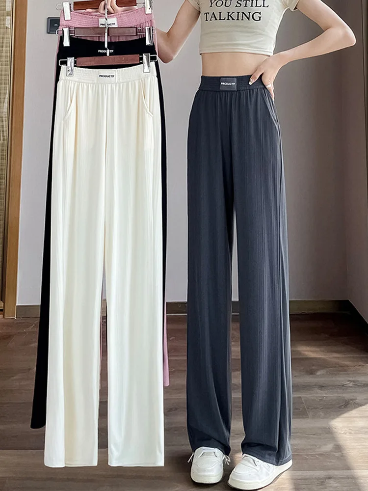Slanke wijde pijpen broek dames hoge taille ijszijde zomer casual losse lange broek vlees verhullende broek met rechte pijpen