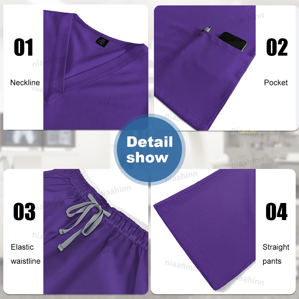 Niaahinn-uniforme elástico para hombre y mujer, conjunto de uniforme médico para enfermera, uniformes quirúrgicos, Top de manga corta con cuello en V, pantalones
