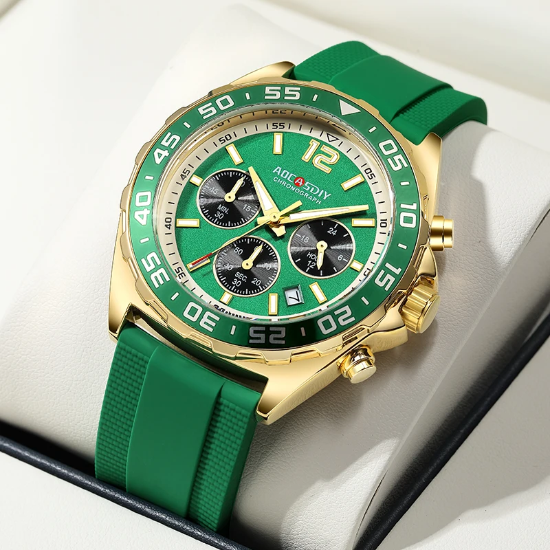 Luxury Fashion Gold Coating Quartz Chronograph Mens Watch Japan Movement Chronograph Black Green Dial Reloj