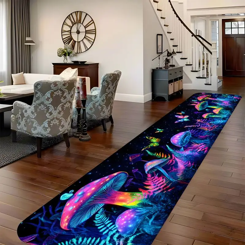 Tapis long antidérapant VIKAMA Psychedelic Neon Mushroom Butterfly, imprimé forêt magique, pour couloir, décoration intérieure