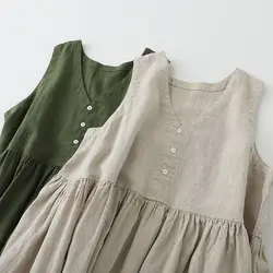 Abito da serbatoio Casual allentato semplice in stile giapponese per donna abiti lunghi in lino di cotone con scollo a V pieghettato senza maniche Vestidos