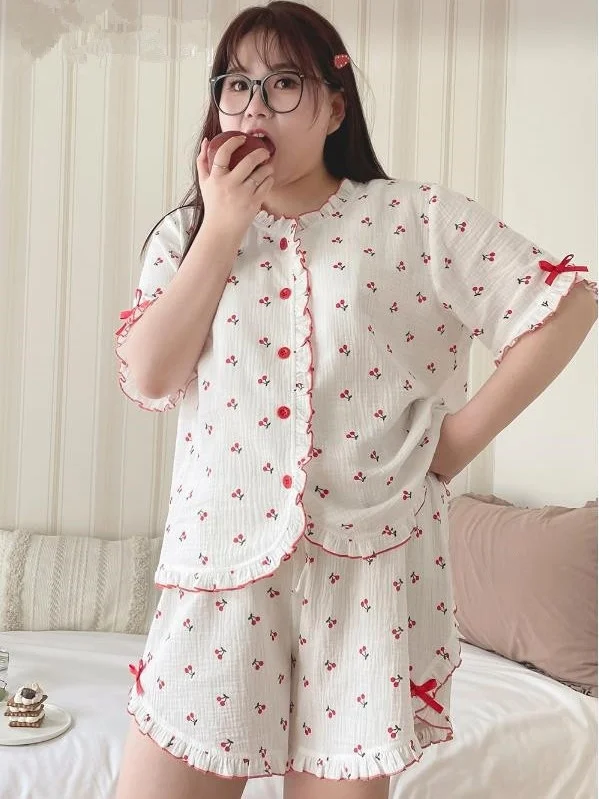 

Adorable Girl's plus Size Sleepwear Set Summer Short Sleeve T-Shirt Shorts Home Clothes Two-Piece Set Sweet Cute Style Polyes...