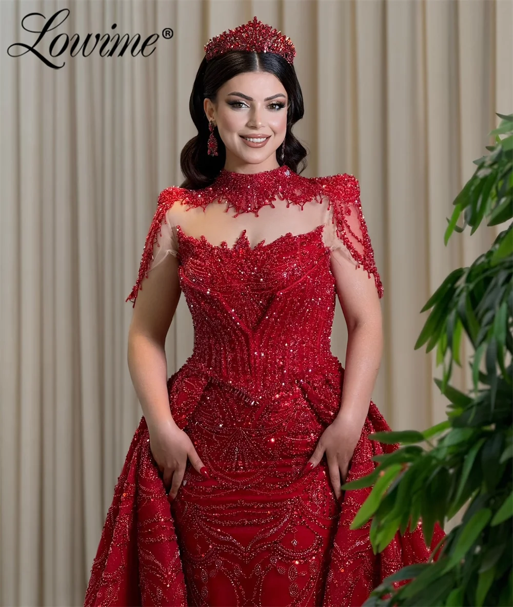 

Red Arabic Dubai Mermaid Prom Dresses Glitter Beaded Diamond Evening Gowns Customized Overskirt Long Wedding Party Dresses 2026