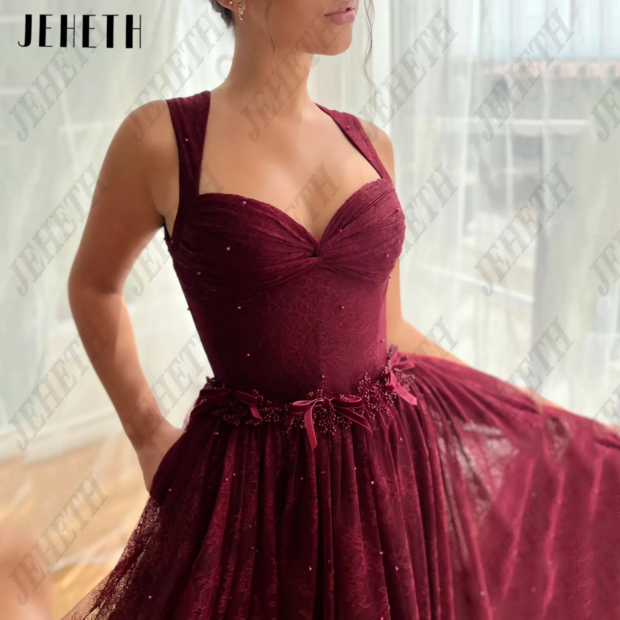 JEHETH الدانتيل فستان حفلة موسيقية خط النساء الديكور السباغيتي الأشرطة حبيبته Vestidos De Gala بلا أكمام الكاحل طول فساتين السهرةjeheth الدانتيل على شكل حرف واحد فقط فستان حفلة موسيقية للسيدات مطرز السباغيتي حزام سير ا